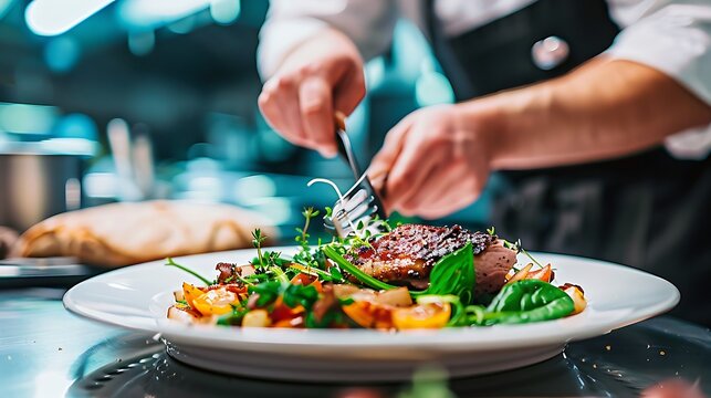 chef cooking Roasted Duck breast fillets with vegetable salad and batat in plate