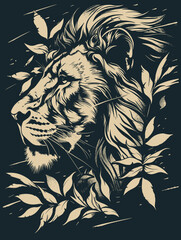 Lion head with leaves in black and white colors. Vector illustration