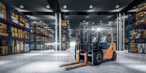 Forklift inside a large warehouse with numerous items and rows of shelves with boxes - 3D Visualization