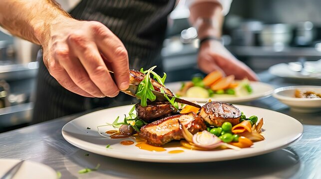 chef hand cooking Roasted Duck breast fillets with vegetable salad and batat in plate on restaurant kitchen