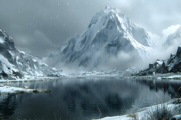 Naklejka premium Majestic Snowy Mountain Landscape with Serene Lake and Falling Snow - Winter Nature Stock Photo