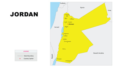 Jordan Map. Major city map of Jordan. Political map of Jordan with country capital.