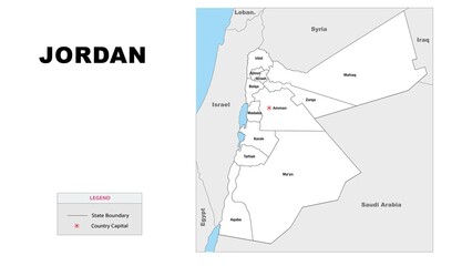 Jordan Map. State and district map of Jordan. Administrative map of Jordan with district and capital in white color.