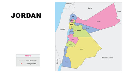 Jordan Map. State and district map of Jordan. Political map of Jordan with country capital.