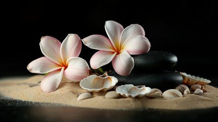   Pink flowers atop seashells on beach