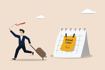 Annual leave, schedule reminder of annual leave concept, vacation to rest and relax from hard work, happy businessman running with luggage from calendar with annual leave note.