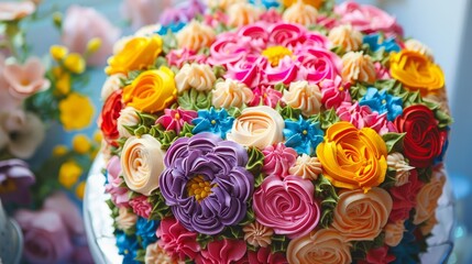 A cake decorated with vibrant-colored flowers in the style of baroque art. Generative AI