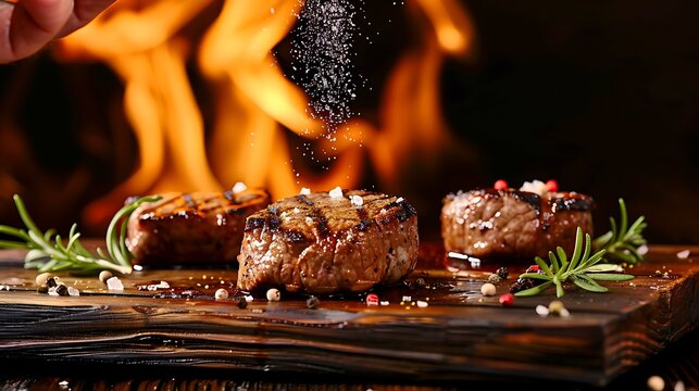 Cooked juicy steak meat beef with hand sprinking seasoning on top on wooden chopping board with flames in the background..