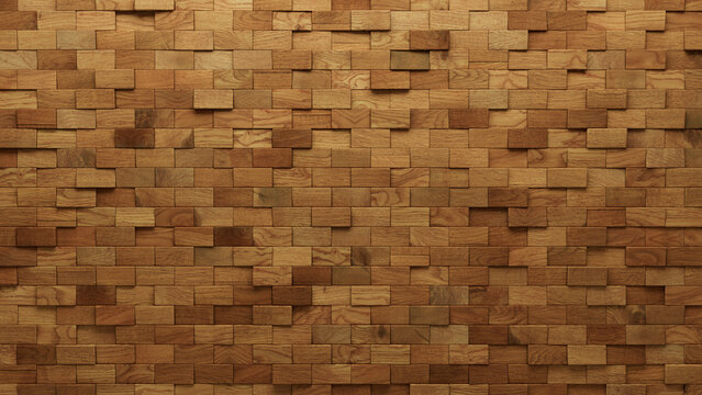 Rectangular, 3D Mosaic Tiles arranged in the shape of a wall. Natural, Wood, Blocks stacked to create a Soft sheen block background. 3D Render