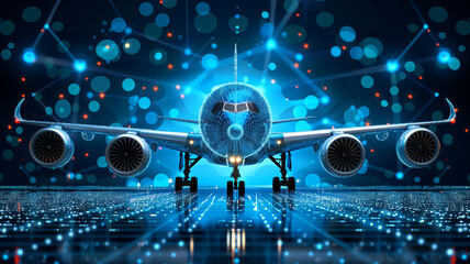 Obraz premium Plane with hologram data network background.