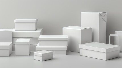 Produce a detailed image of white product packaging boxes, assorted sizes and styles, sleek design with no logos