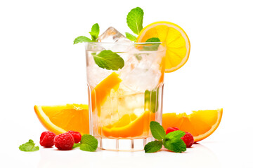 Refreshing summer cocktail with orange, mint and ice on white background