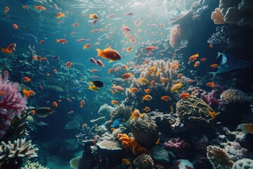 Coral Reef Abundance A vibrant coral reef teeming with life showcasing a diverse array of colorful...