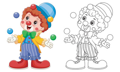 Cute Clown Clown Juggling Ball Coloring Illustration. Vector Illustration