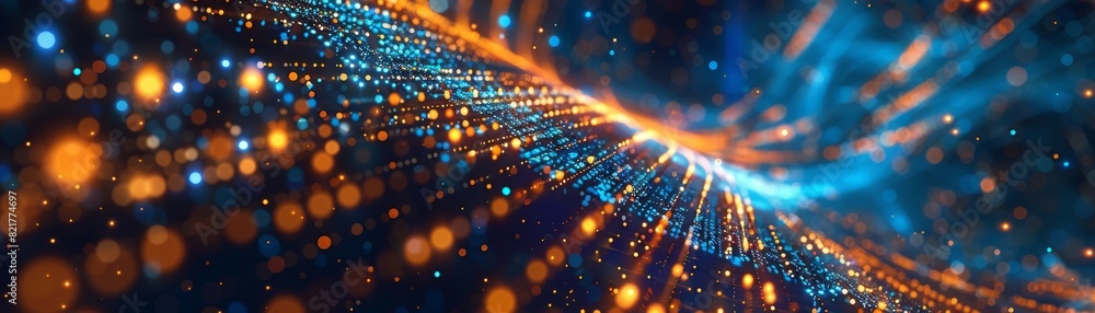 Poster a colorful blue digitalization process is reflected on a background of an abstract technological bac