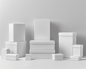 Design a captivating image of modern white product packaging boxes, multiple sizes and styles, minimalistic with no logos