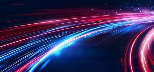 Abstract background with curved lines in the style of blue and red colors, speed effect of light streaks on dark backdrop