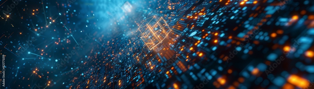 Poster a glow blue digital landscape with a cube particle. the concepts of crypto currency, big data, block