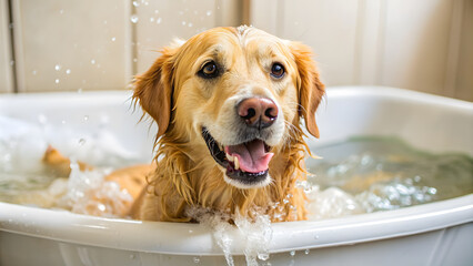 Golden Retriever Bathing Fun: Splashing in the Bathtub. Good for National Pet Day, Dog Grooming Awareness Week, Pet Appreciation Month, World Animal Day, Pet Birthday, Pet Adoption Events.