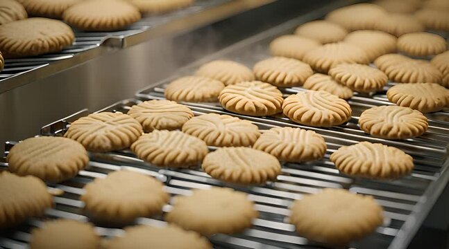 In a food factory on an assembly line, cookies move along a conveyor belt, ready for packaging and distribution.