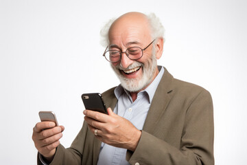 happy elder man using smartphone on white background