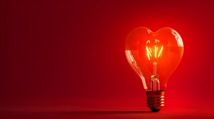 A super realistic image of a light bulb with a glowing heart-shaped filament against a vibrant red background,