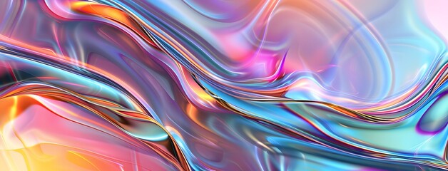 3D render of colorful fluid metallic shapes with holographic colors on a white background