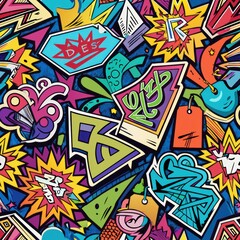 Seamless pattern of graffiti tags and scribbles layered over abstract shapes and backgrounds, Generative AI