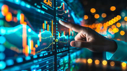 A businessman points to a financial stock graph on a monitor. The graph shows rising and falling lines, indicating market trends. Generative AI.