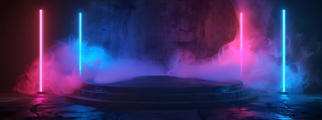 empty podium with neon lights and smoke in a dark room. Abstract background for product presentation or virtual showcase interior design