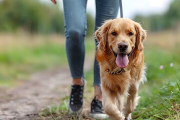 Golden Retriever Walking Outdoors with Owner - Concept: Pet Exercise and Bonding Experience