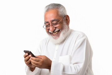 happy elder man using smartphone on white background