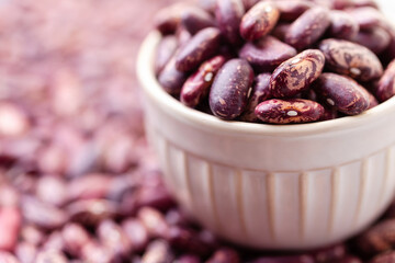 Uncooked variegated kidney bean seeds in bowl. Red and white dry beans