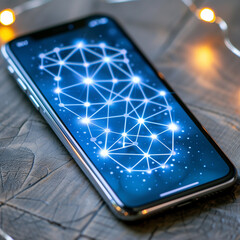 Close up mobile phone with hologram data network background.