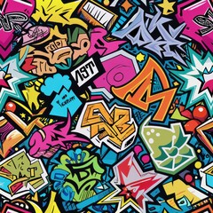 Seamless pattern of graffiti tags and scribbles layered over abstract shapes and backgrounds, Generative AI