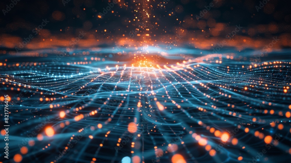 Poster an abstract background with quantum computing, a cyber network grid, and particle connections. artif
