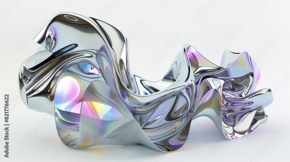 Poster glass abstract shape with curved surface. colorful transparent iridescent ribbon shape. modern fluid