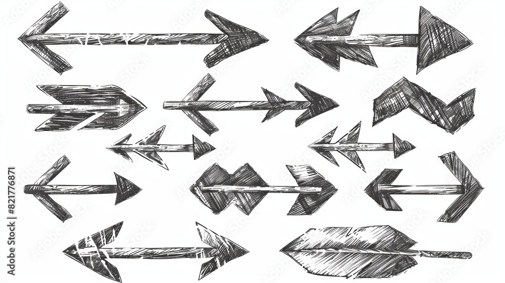 Poster sketched charcoal emphasis arrows. drawing of chalk darts in a curved shape. texture design elements