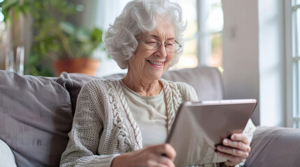 Obraz premium senior woman using tablets at home and smiling