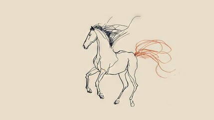   Black & white drawing of a horse w/ red mane blowing in wind
