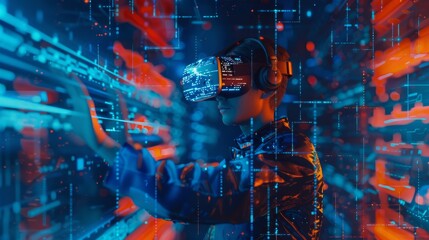 Virtual reality, innovation, and new technology abstract concept - young man playing with VR goggles in futuristic cyber world