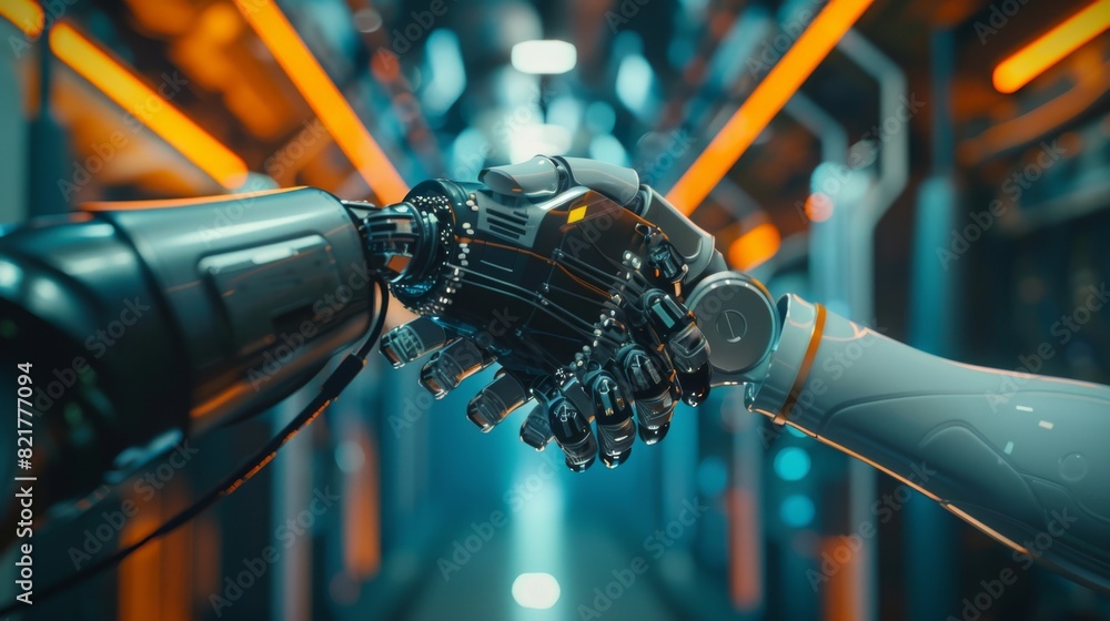 Poster research lab handshake between human and robot- concept about technology innovation, machine learnin
