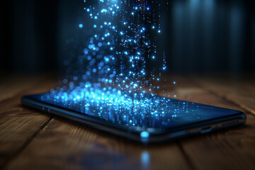 Close up mobile phone with hologram data network background.