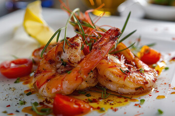 Camarones Al Gusto: Grilled Shrimp Seasoned with Herbs and Spices on a White Plate
