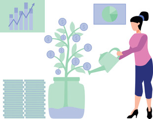 The girl is watering the dollar plant.