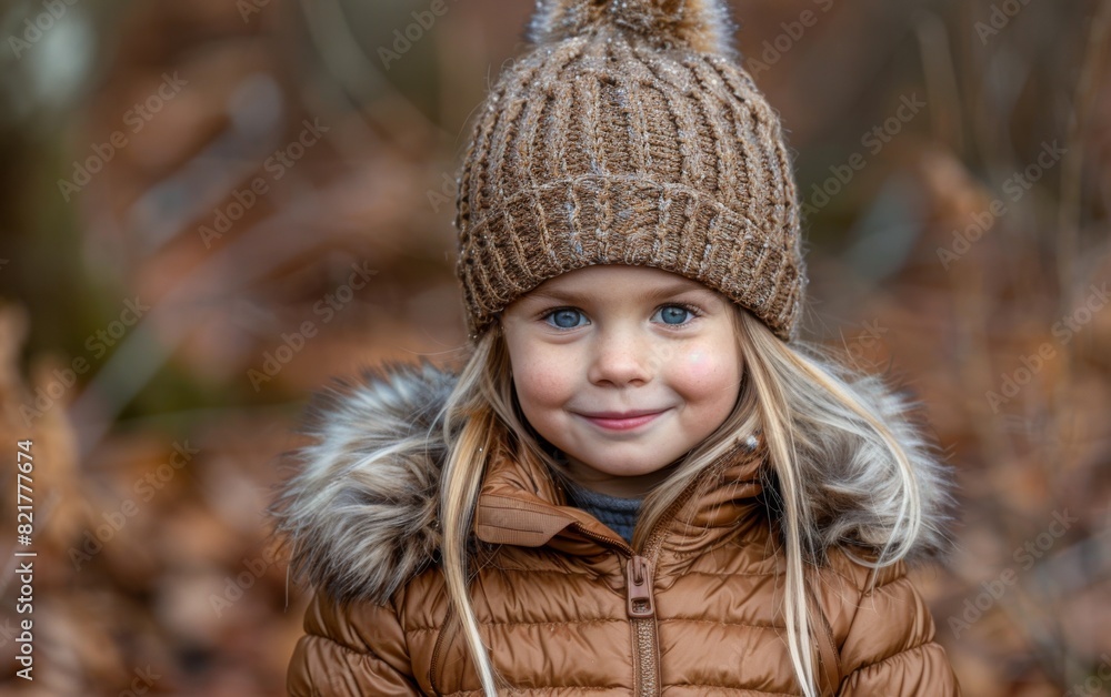 Wall mural A young girl wearing a brown jacket and a brown hat