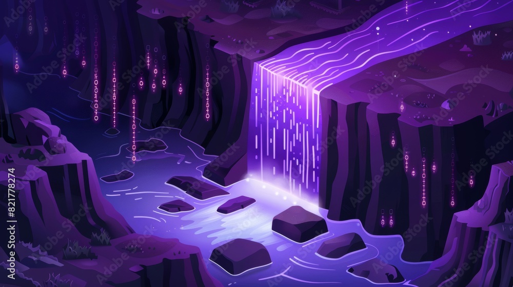 Poster an isometric modern illustration of a big data waterfall, digital binary code data flow analysis, an