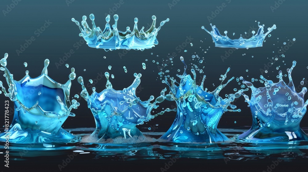 Poster a water splash set. a liquid in the shape of a crown and elements with motion in the form of spray d