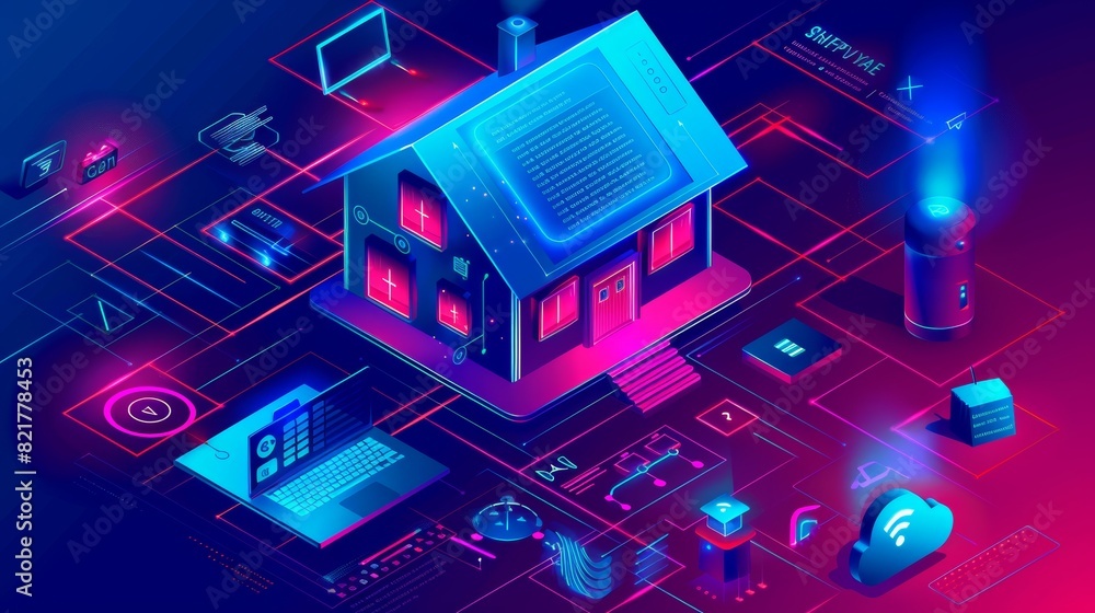 Aufkleber home control isometric web banner. computer desktop with artificial intelligence technology, line ar