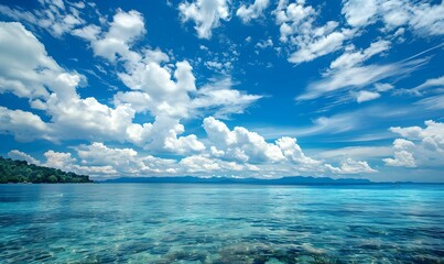 Blue cloudy sky above a sea view, Generative AI